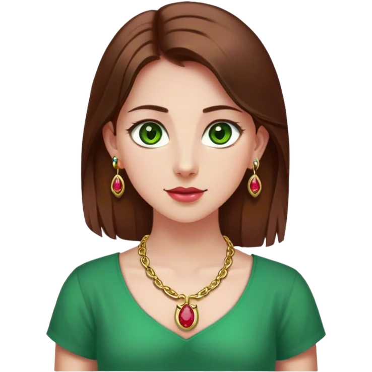 Clean Girl with straight brown hair, green eyes, small ruby earrings, gold small horse shoe necklace, ruby colored shirt emoji