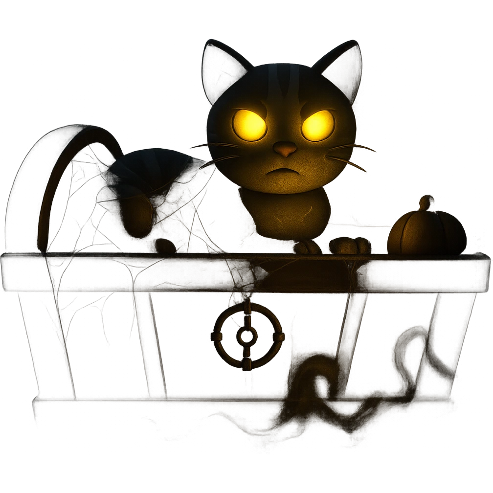 Make the cat in the coffin look spooky with eerie lighting, add cobwebs and ghostly effects in 3D emoji style, no background. emoji
