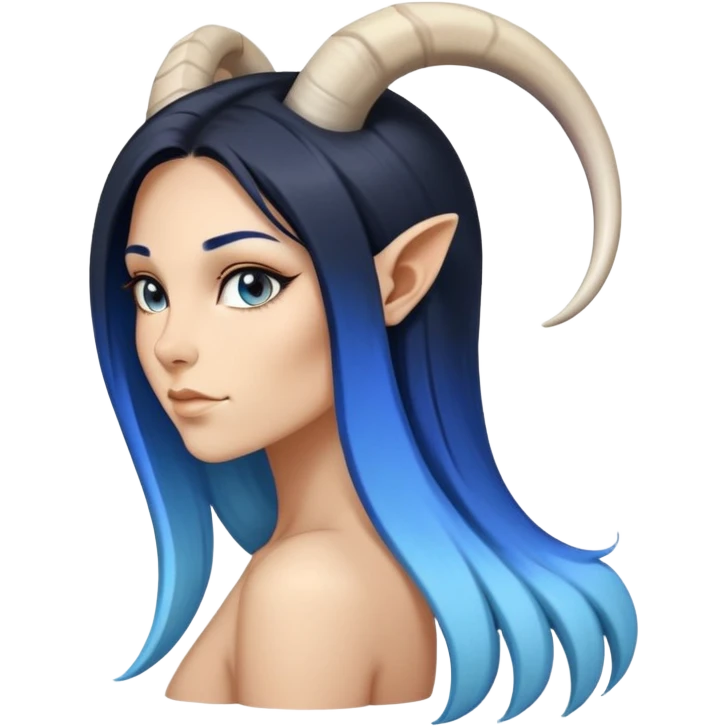 Art of a human white woman's very very sexy body scheme anatomy-very long straight black to blue hair ombre-profile view-small goat horns emoji