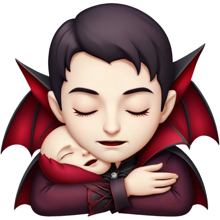 Meme-Worthy Cute Sleeping Vampire Portrait Emoji, with a refined, small, pale face softened by closed, serene eyes and a slight, peaceful smile, adorned in miniature elegant dark attire with a hint of fading crimson, simplified yet irresistibly adorable, highly detailed with a soft ethereal outline that captures the drowsy charm of a vampire in quiet nighttime slumber! emoji