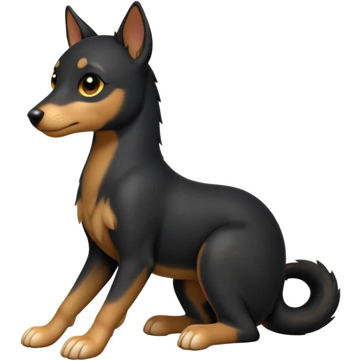 cinematic-[kelpie]-realistic-full-body-sitting-emoji,-tail-resting-loosely-beside-its-paws,-head-tilted-dramatically, -sleek-[Black and tan]-fur,-simplified-yet-realistic-focused-features,-highly-detailed,-glowing-with-an-almost-sarcastic-glow emoji