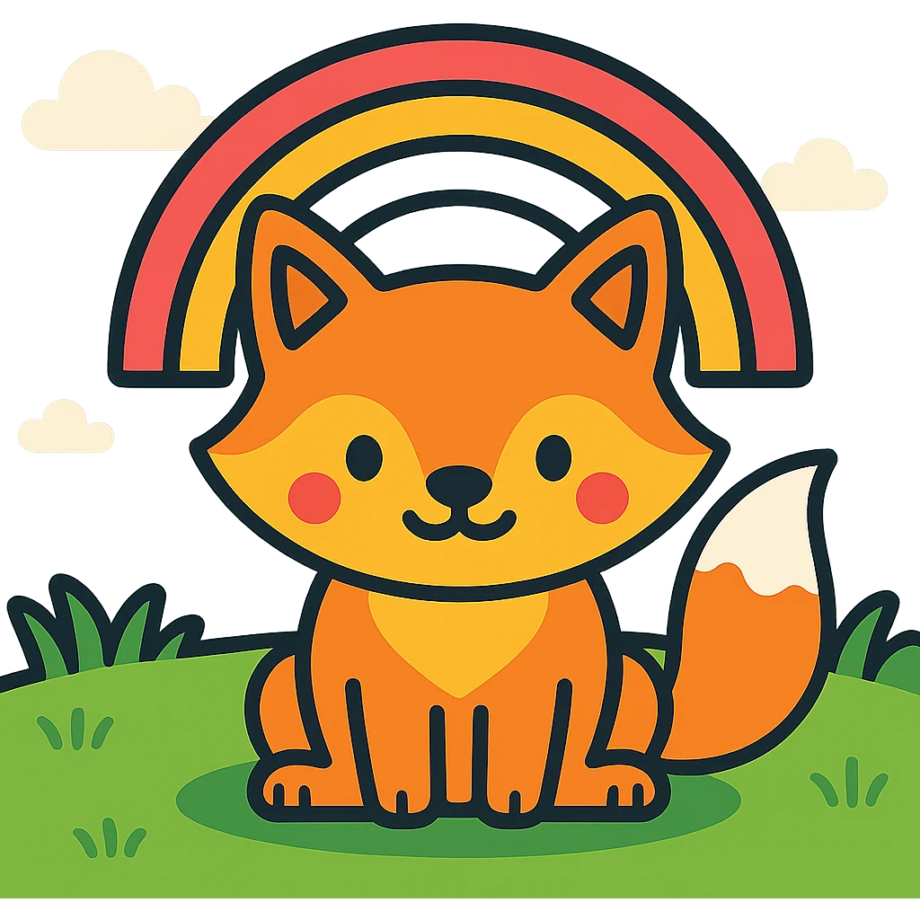 Add a bright, cartoon-style outdoor background with grass and sky to the cute fox with a rainbow in color outline icon style. emoji