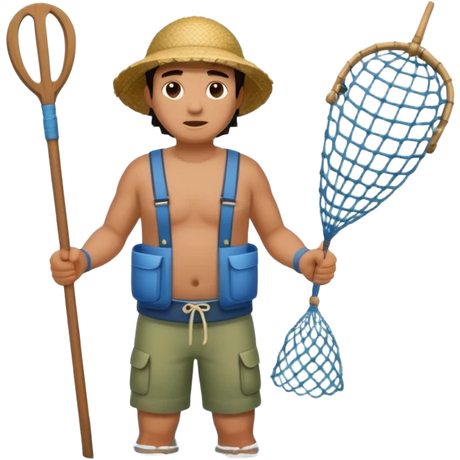 A Polynesian fisherman standing in the water with a net full of fish. The fisherman has empty hands and is standing in the water. emoji