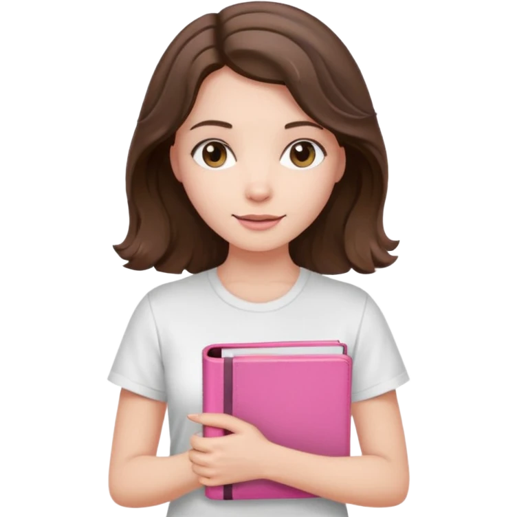 pale brunette woman with shoulder-length wavy brunette hair, wearing a white t-shirt, holding a pink Bible emoji