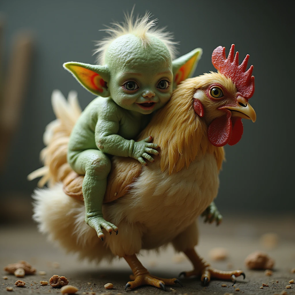 a realistic green baby zombie riding a chicken, detailed lighting, natural textures emoji
