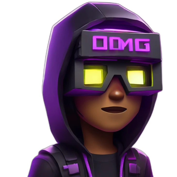 Minecraft hero wearing a black hoodie with "OMG" letters on it and VR headset in a cyberpunk VR environment with violet neon lighting. emoji