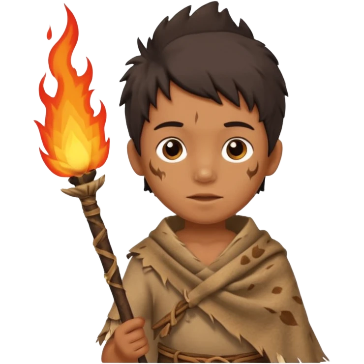 ancient boy, tattered animal skin cloth, hold fire stick emoji