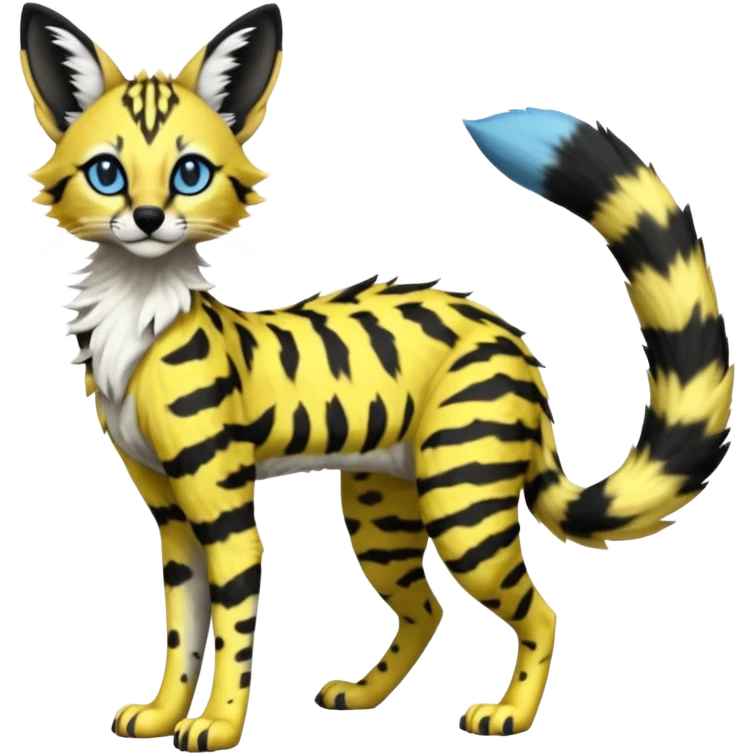 Edgy cool beautiful elegant spotted hype-realistic, black-maned, vibrant yellow Genet-Serval-Sergal-Margay-Fox-fusion-hybrid-furry-fursona, full body, with a long puffy fluffy black-and-white-striped tail, black long big ears, with natural blue eyes emoji