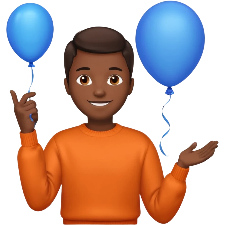 dark brown skin, orange sweater, hold blue balloon emoji