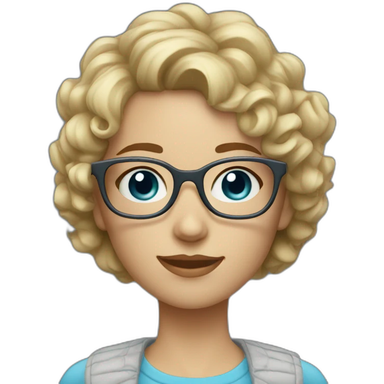 Short curly blond hair girl with blue-gray eyes and square glasses emoji