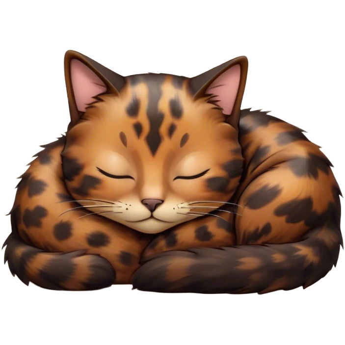Meme-Worthy Cute Sleeping Tortoiseshell Cat Portrait Emoji, Head resting with a serene, sleepy smile and softly closed, dreamy eyes, showcasing a warm, mottled fur of rich browns and blacks, simplified yet adorably detailed, glowing with a gentle, drowsy radiance, high shine, exuding relaxed, heart-melting charm, styled with a soft glowing outline, capturing the essence of a sleeping tortoiseshell cat that radiates pure, peaceful cuteness! emoji