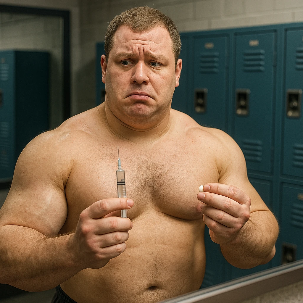 realistic inexperienced bodybuilder in front of mirror holding syringe of testosterone and pill of aromatase inhibitor, doubtful expression, swollen muscles but puffy face, locker room background, 4K quality emoji