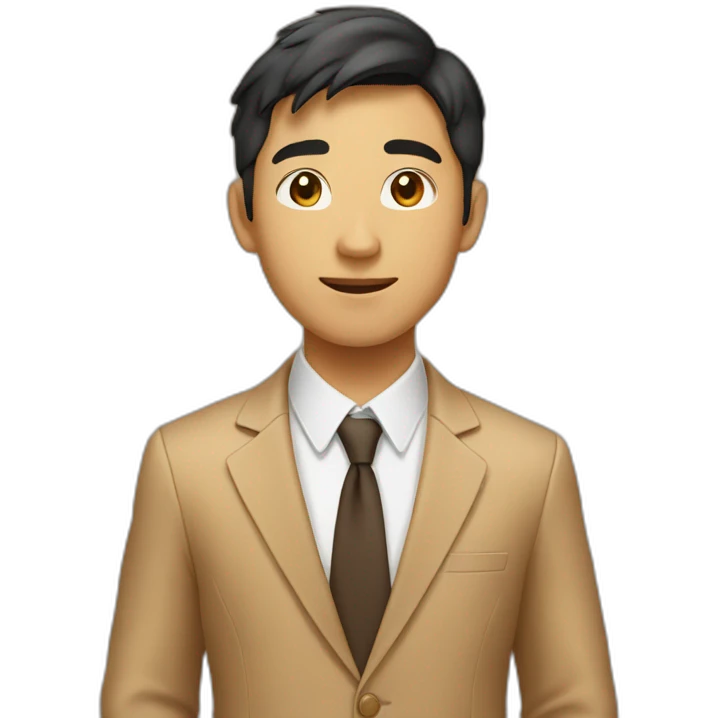 A asian young man, exuding confidence, in a camel suit. emoji