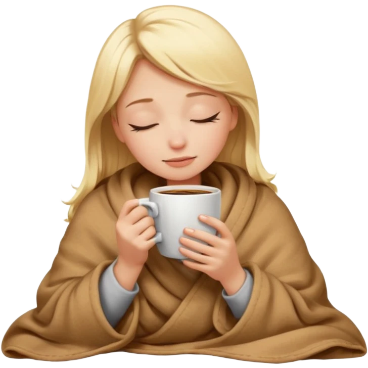 blonde girl snuggled in a blanket, drinking coffee, peaceful expression, eyes closed, emoji style emoji