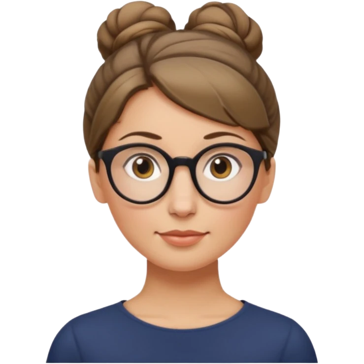 femme de 38 ans avec des cheveux blond foncé sans mèche devant, un chignon haut, yeux bruns, lunettes rondes, visage ovale emoji