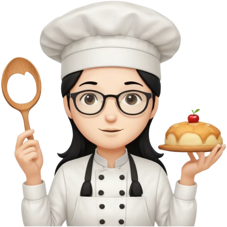Profesora de pastelería, piel blanca con gafas y pelo negro largo emoji