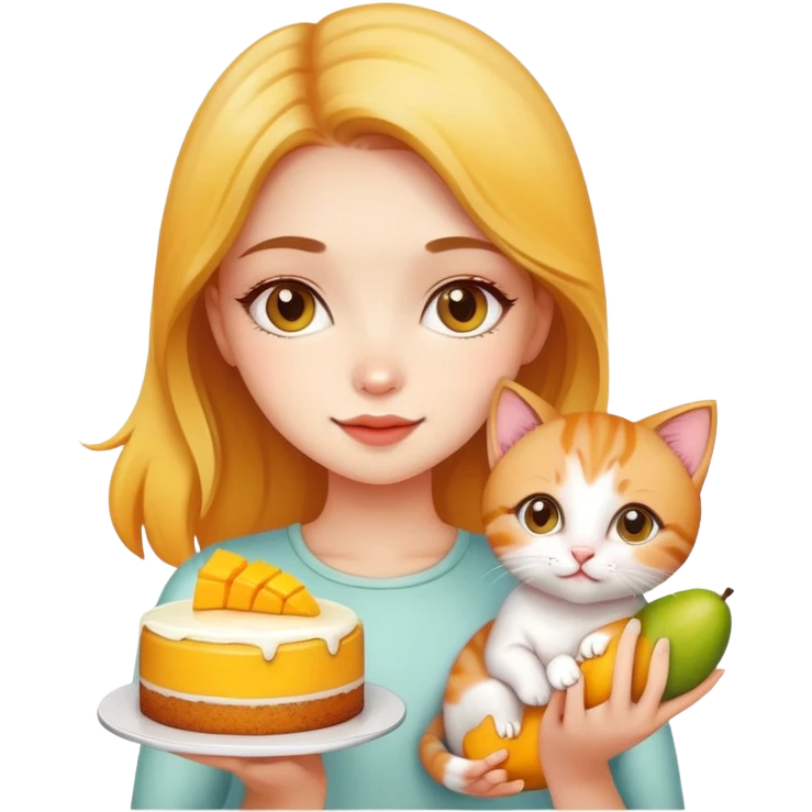 Beautiful girl holding a mango cake and a kitten emoji