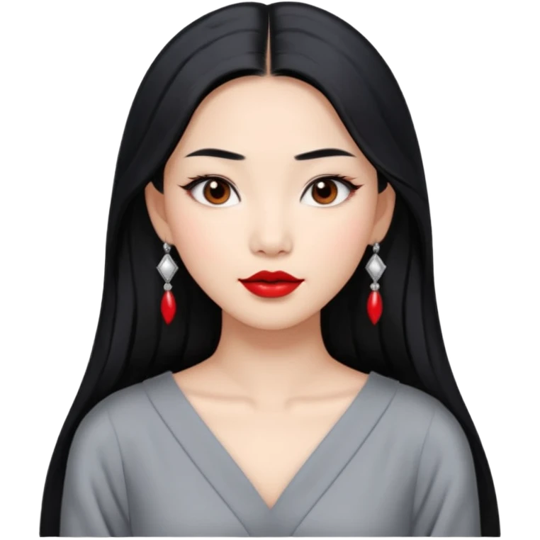 30 yr old asian woman, middle parted straight long black hair, very pretty, fancy grey dress, earings, red lipstick, silver earings emoji
