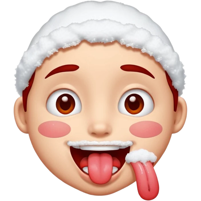 Someone got hit with a snowball and has snow on their face but is happy and smiling with their tongue out but their eyes are red emoji