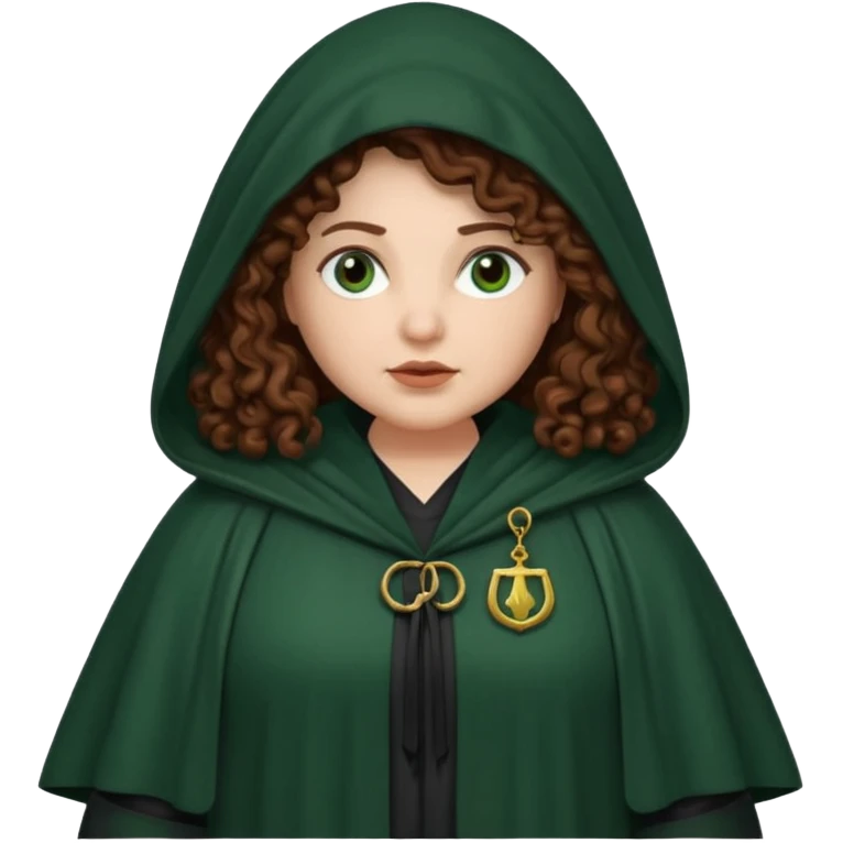 A white woman with a chubby face, with long dark auburn hair, cloaked and hooded like she's a Traitor in the tv show 'The Traitors'. her hair is frizzy curly, not with defined curls, and the robe is a very dark green/almost black color emoji
