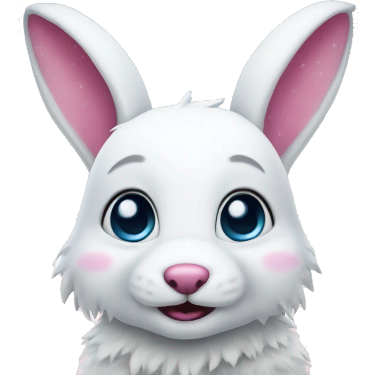 White Bunny with pink ears and a wolf are in the snow emoji