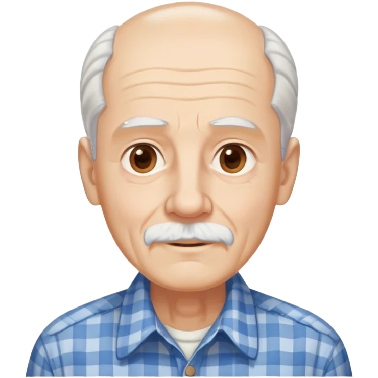 Elderly man with light skin. Elongated face with kind expression. Light brown eyes. Thin eyebrows. White goatee and white mustache. Gray-white hair combed back. Wearing a blue and beige checkered button-up shirt. emoji