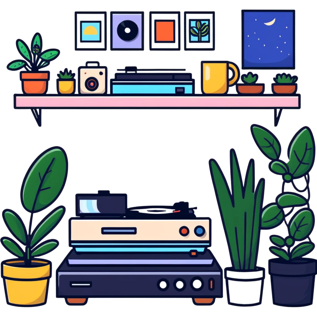 small bedroom with indie aesthetic, record player, art prints, potted plants, fairy lights, colorful pillows, vintage items emoji