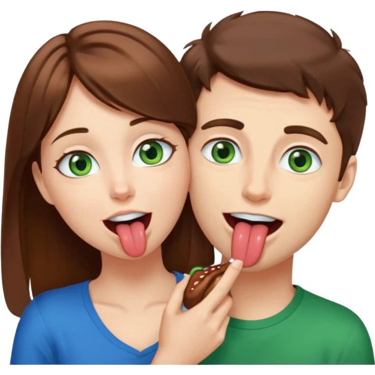 Brown hair, blue eyed male straddling brown hair, green eyed female while he spits in her mouth and she has her tongue out and looks happy. emoji
