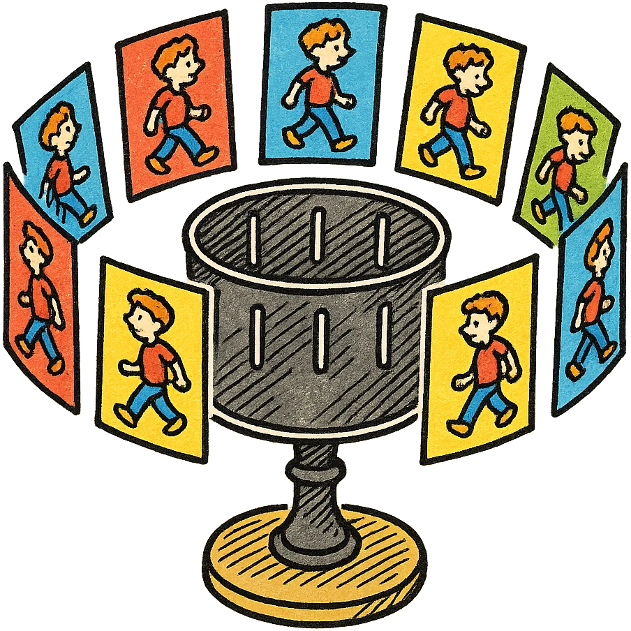 Make the zoetrope with vibrant, colorful animation frames around it, in the style of hand drawn icon with no fill emoji