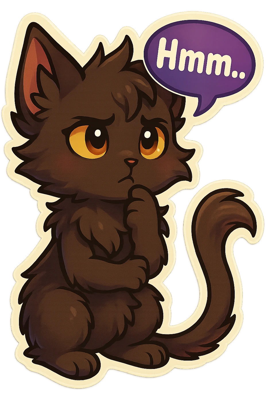 a dark-brown fluffy cute kawaii anthropomorphic furry anime cat-furry with tufted ears, golden eyes, and a long thin tufted tail, thinking, frowning thoughtfully, saying “Hmm..” with a purple speech bubble, (cartoon style) (cute anime style) (furry style) (deviantArt style) (artist style: Kamirah) emoji