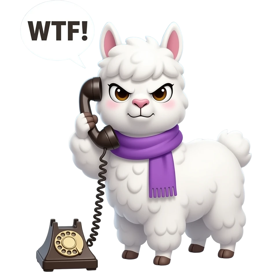 White chibi alpaca (style of image_1.png) in purple scarf, intensely angry scowling face, one hoof holding a vintage rotary phone to its ear, "WTF!" speech bubble above head, epic cloudy **Makoto Shinkai** sky background, dramatic lighting, anime style. emoji