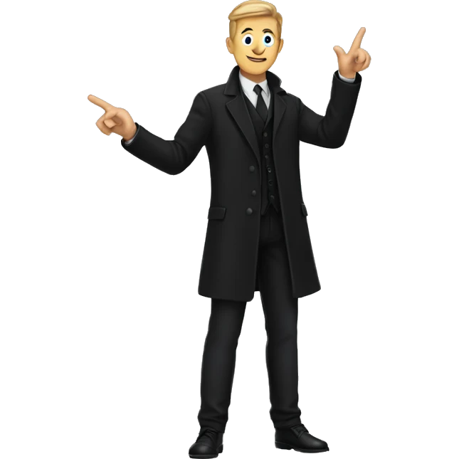 A man wearing black coat and pants pointing his hand towards right emoji
