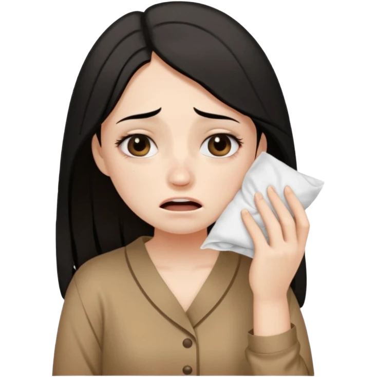 a pretty bratz fair girl wearing a brown pajamas, dark circles, crying, holding tissues. black hair emoji