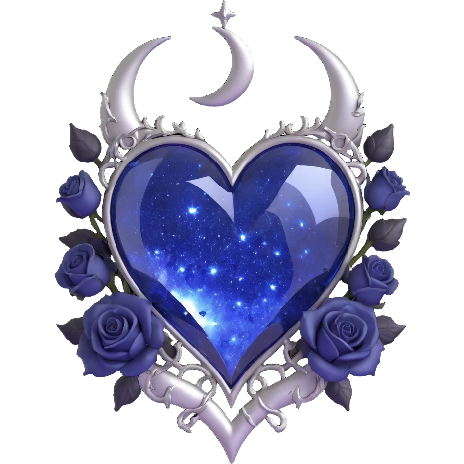 gothic heart, midnight blue glass, silver crescent moon, black roses, stardust, lightning, rain, cracked glass, baroque style emoji