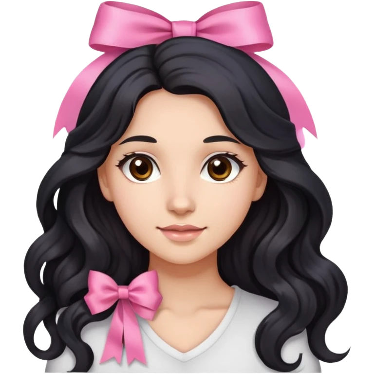 Beautiful girl with long wavy black hair, brown eyes, light skin, slight smile, and pink ribbon in hair emoji