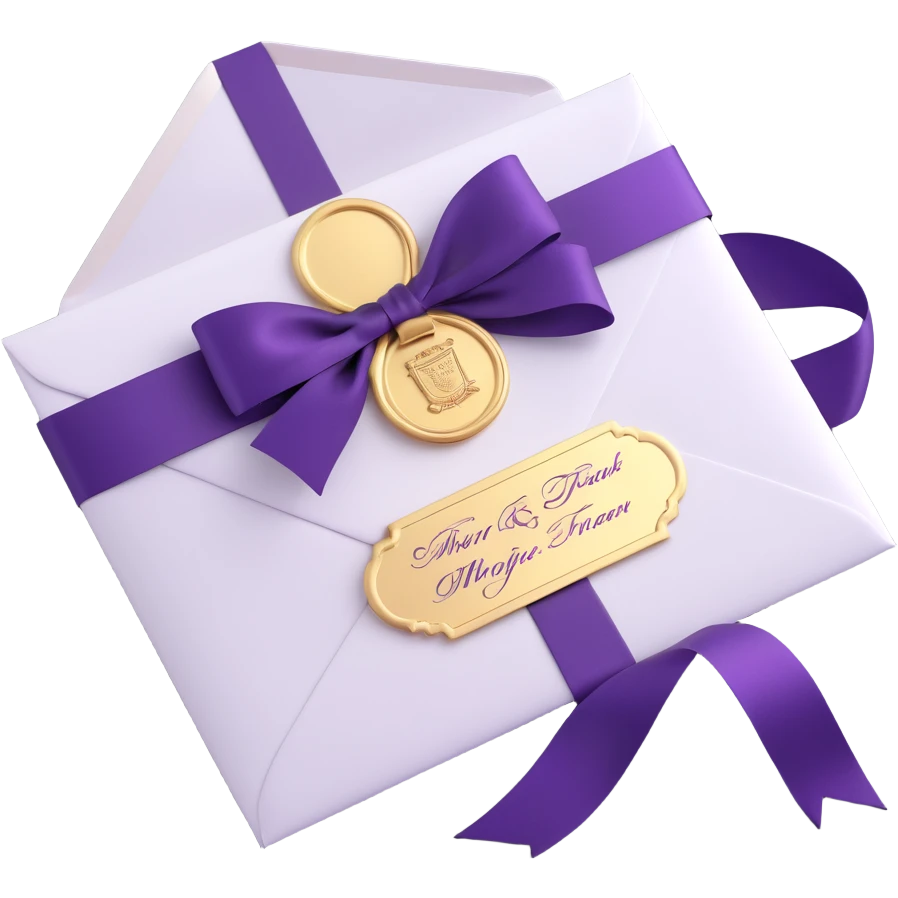 a luxury event invitation envelope, sealed with a gold wax stamp and purple ribbon, elegant and upscale emoji