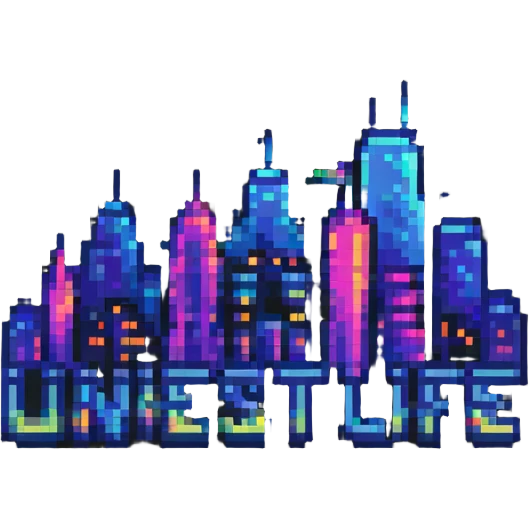 Night Life Universal logo, pixel art style, neon colors, cityscape background emoji