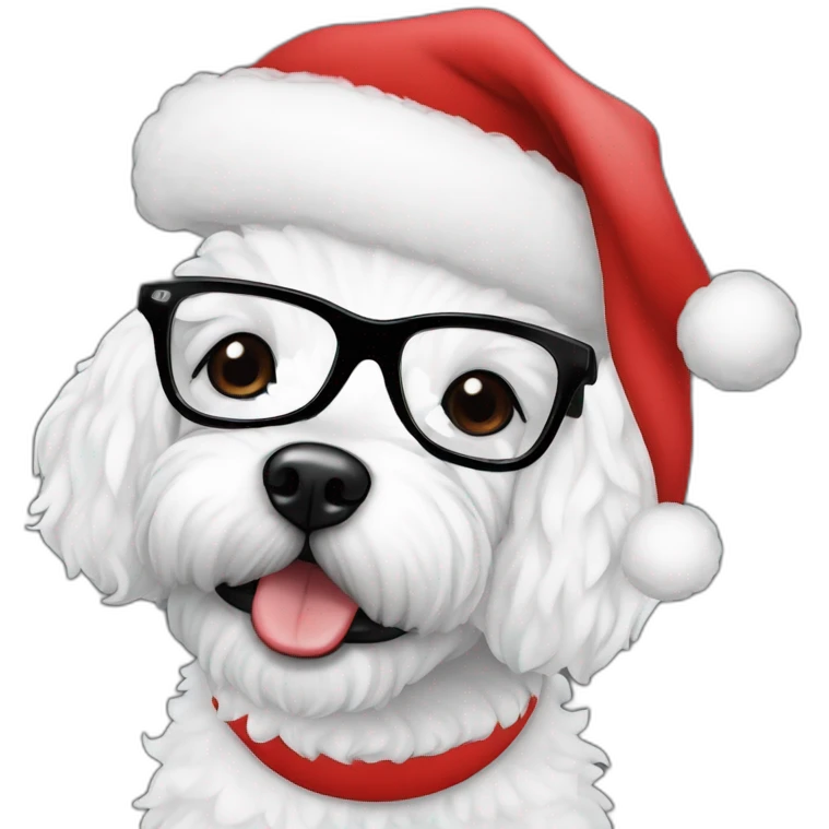 woman-black hair-christmas hat-with glasses-with bichon dog-white-smile emoji