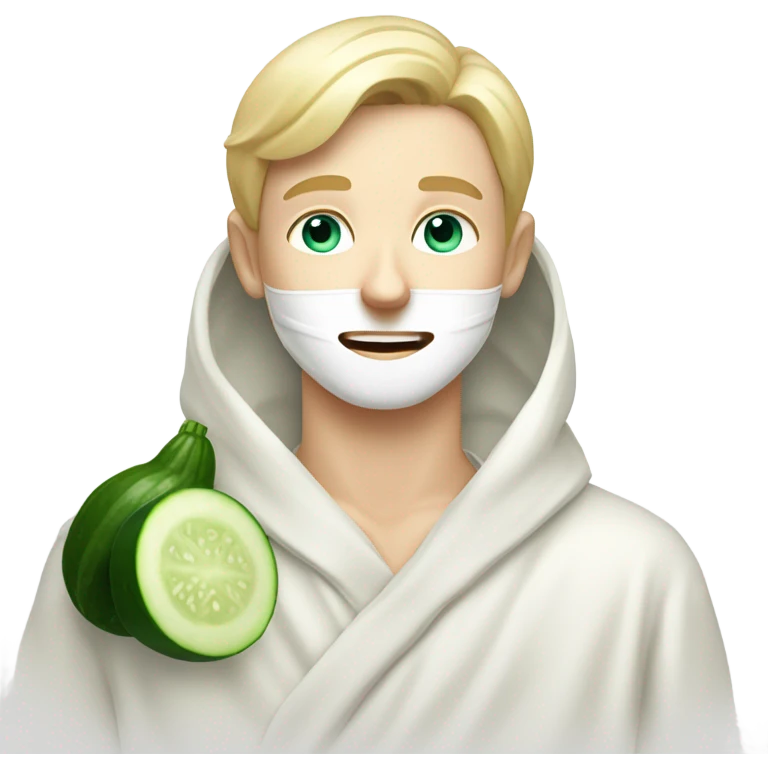 White boy with Blond hair and blue eyes wears a Green colored clay mask( skincare) and puts on cucumbers around her eyes while She relaxes in her white Robe emoji