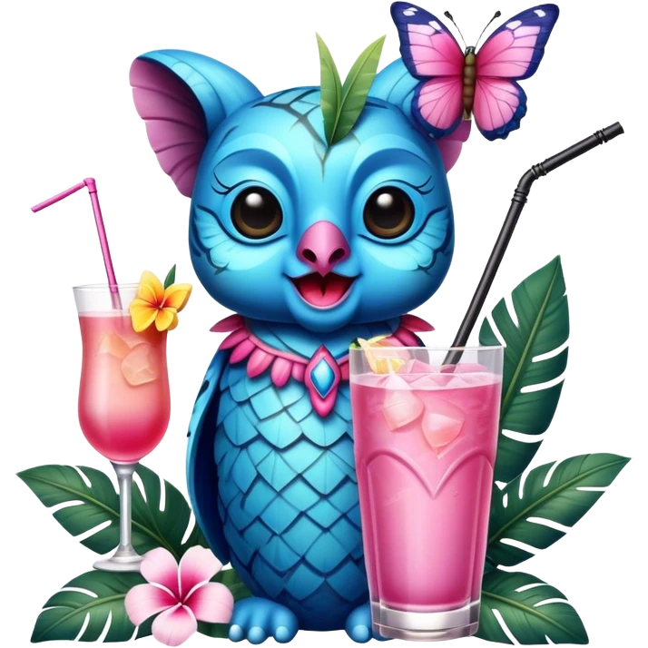 Pixar style little Blue and pink tiki singing with a butterfly and tropical drink, ultra detailed and lifelike imagery, realistic emoji