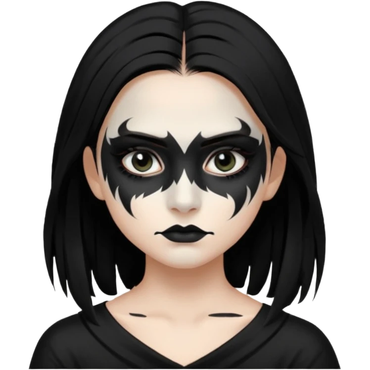 Crea una ragazza con stile black metal,  paint face black metal, capelli neri mossi dalle spalle e occhi bianchi emoji