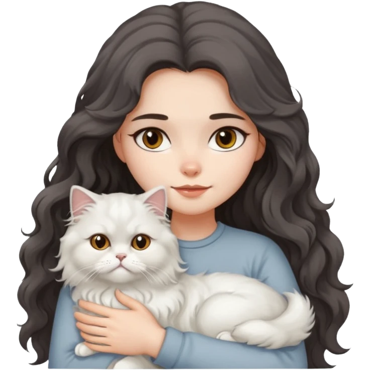 a girl with long dark wavy hair hug a fluffy persian cat with dominant white body and gray on its forehead  emoji