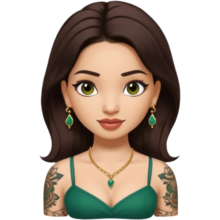 pretty bratz genmoji that looks like tamannah bhatia (bollywood actress), wearing a dark green sweetheart neckline top, dark brown hair, light makeup, no necklace, dangly earrings, side hair part, dark brown eyes, with full tattoos and neck tattoo big emoji