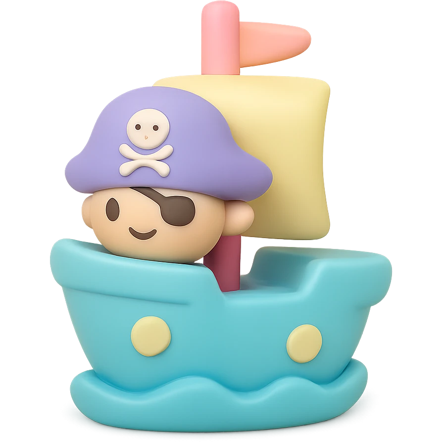 pirate ship, smooth glossy vinyl figure, minimalist design, pastel colors, designer toy aesthetic emoji
