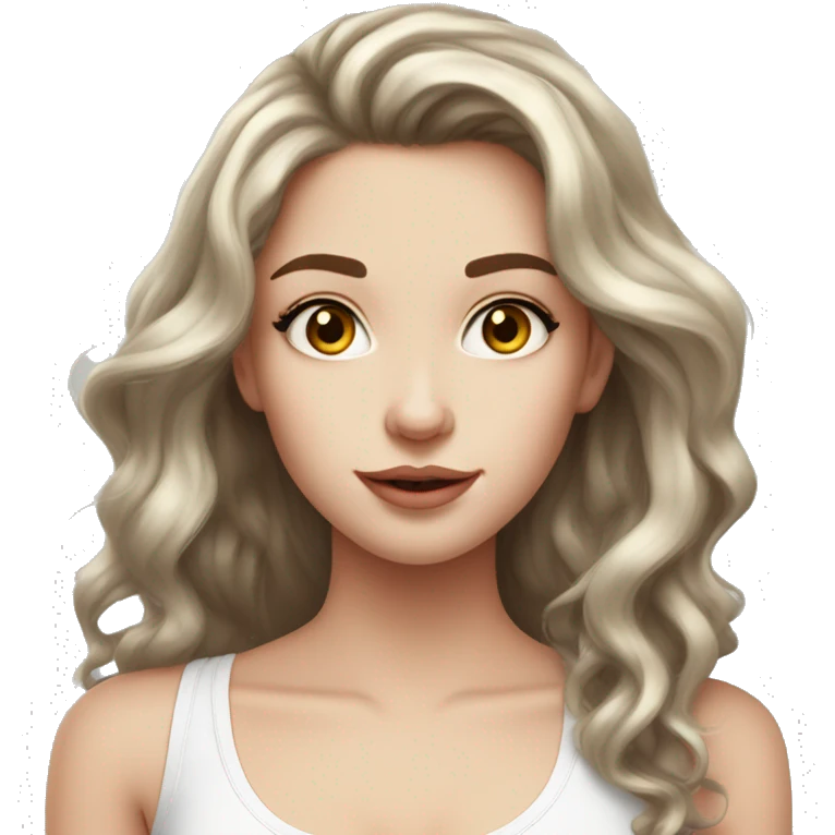 Cute girl, pale skin, big lips, wavy hair, long hair, brown hair, big lashes, white tanktop, long hair  emoji