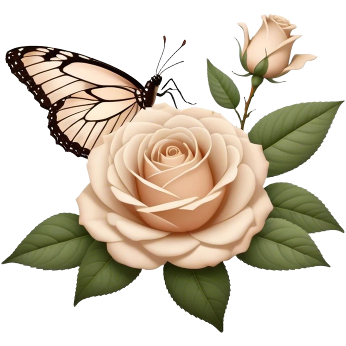 white Ascott tea rose next to a beige aesthetic vintage style leaf and a brown beautiful butterfly emoji