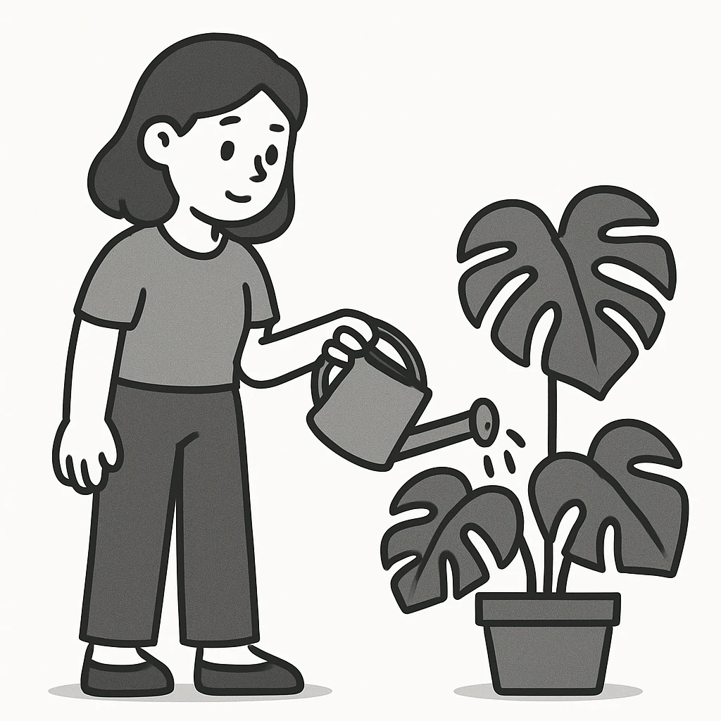woman watering her monstera plant emoji