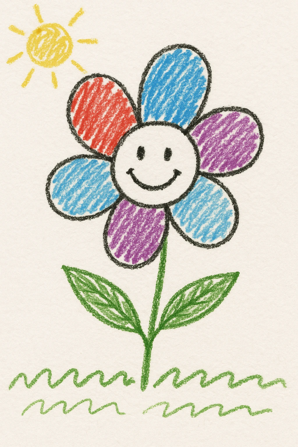 a flower with five petals and a happy face, children's doodle style emoji