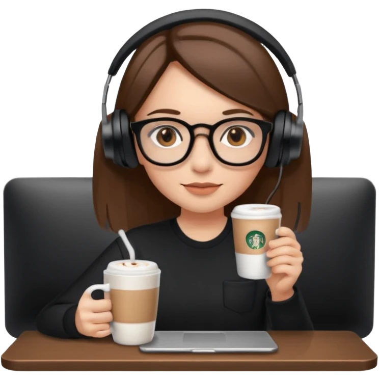 A girl with shoulder-length brown straight hair, wearing black-rimmed glasses, light skin, brown eyes, and black Marshall headphones, drinking a cappuccino. She is a social media manager, so include visual elements like a phone with social media apps or a laptop with analytics. emoji