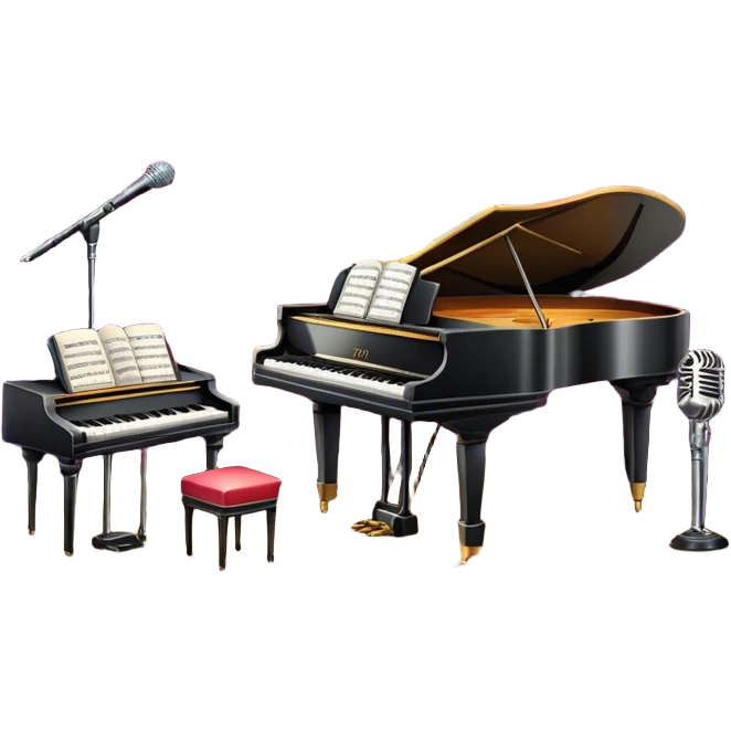 Emoji of the American musical: a retro stage with neon lights, a classic microphone on stage, vintage piano, musical notes, vintage theater curtains, and Broadway-style elements. Avoid focusing solely on the piano. Transparent background. emoji